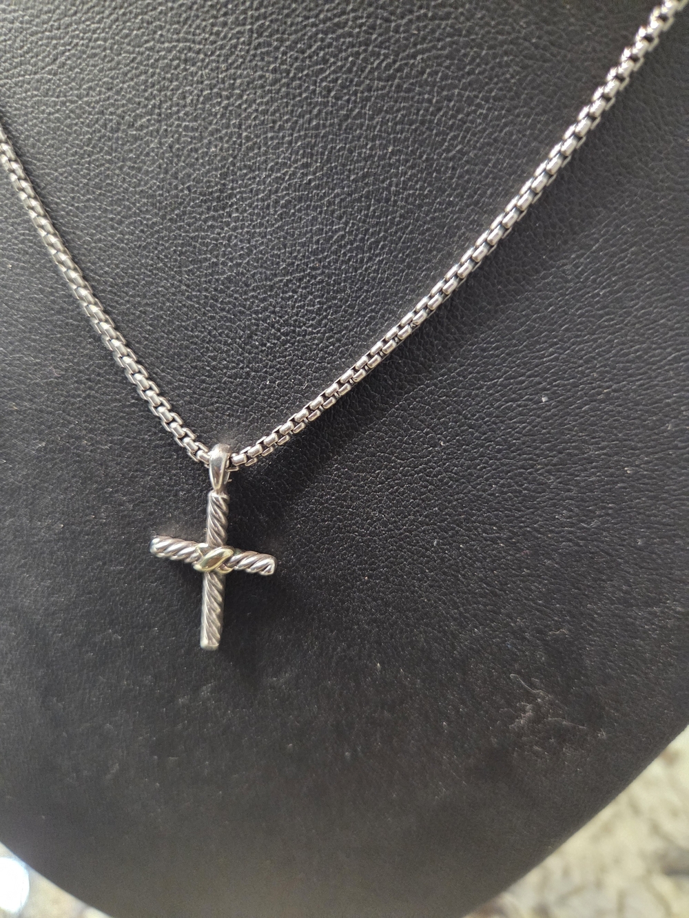 David Yurman Sterling Silver Cross Pendant Necklace with Gold Twist Detail